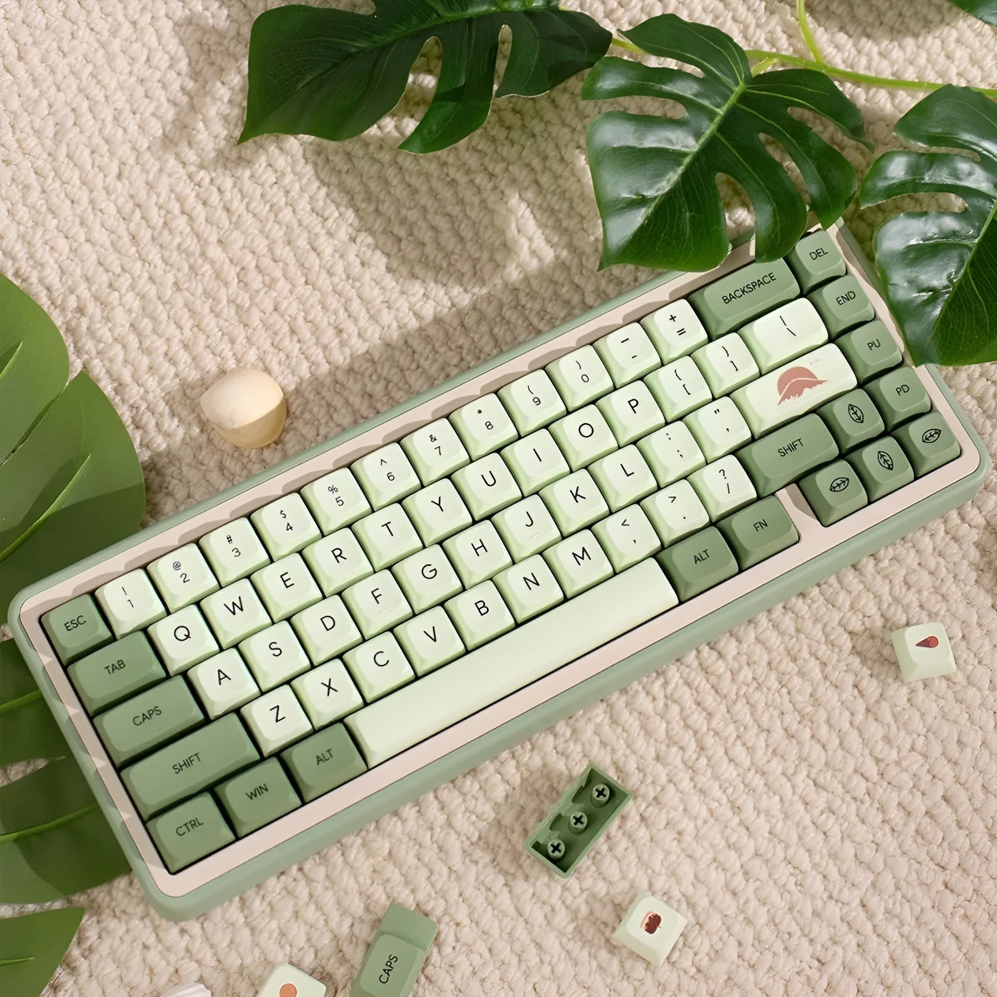 Set of 124 matcha green PBT keycaps with white legends for a mechanical keyboard
