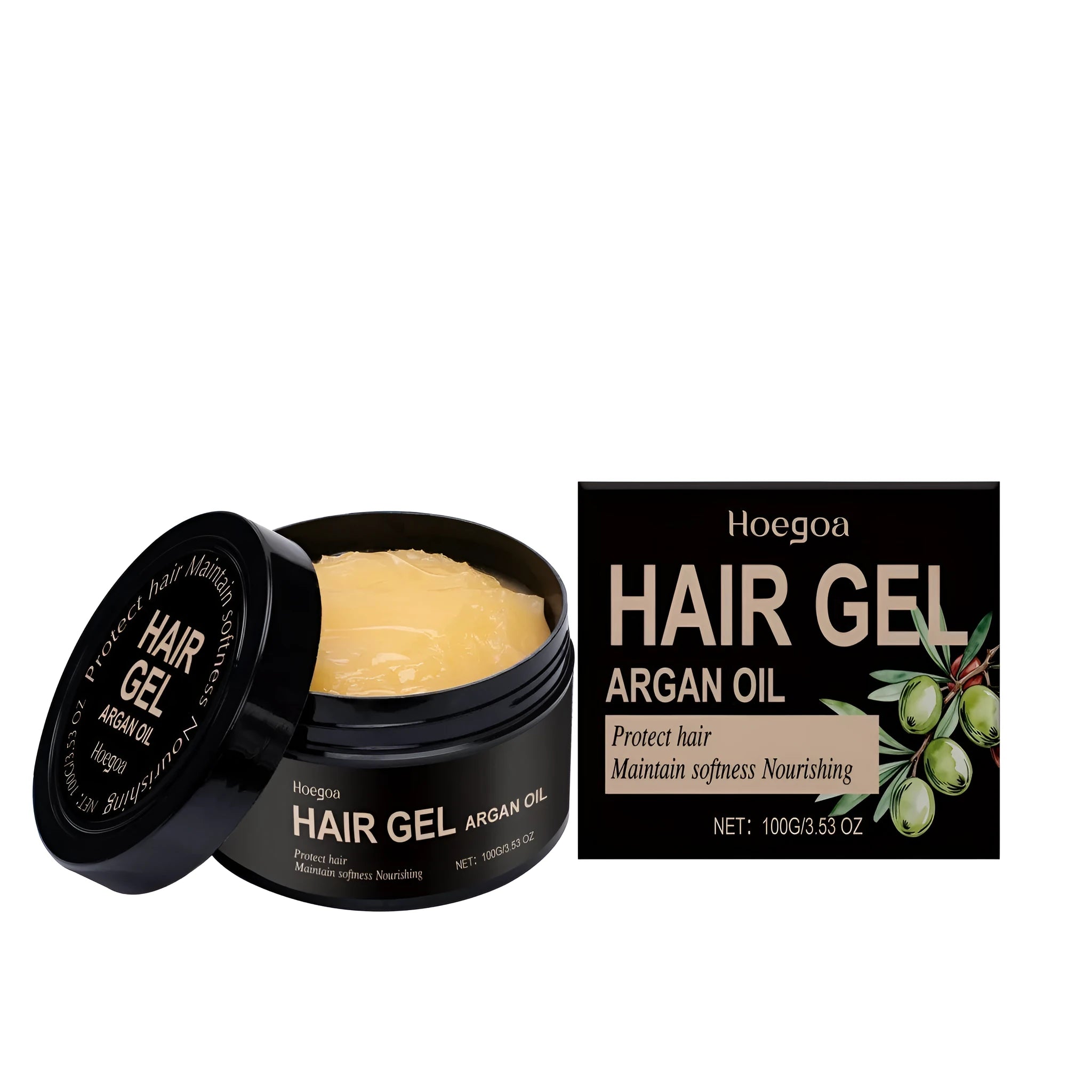 100ml bottle of Moroccan nut oil and hyaluronic acid hair styling gel.