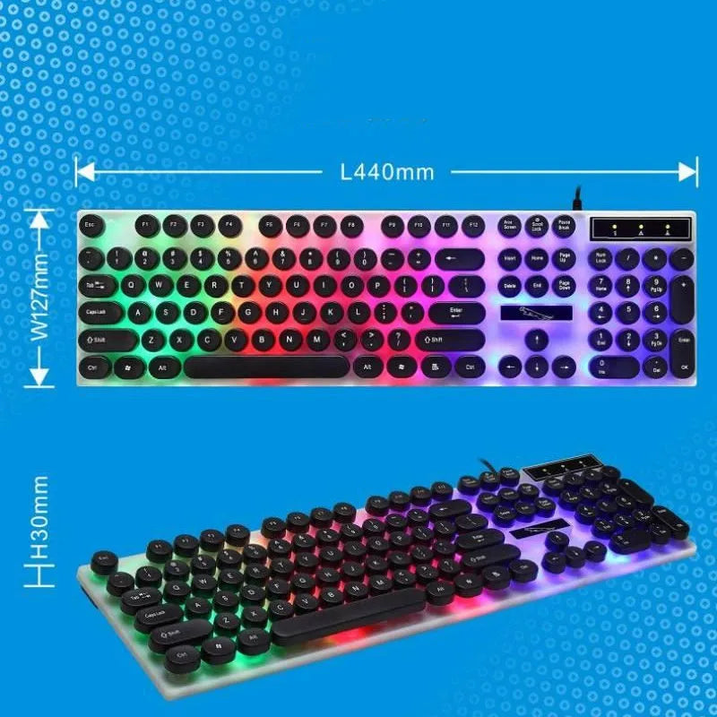 Black or white waterproof 104-key wired gaming keyboard with RGB backlight on a desk