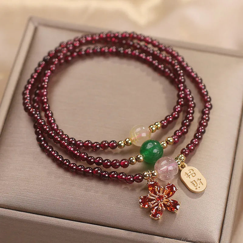 Pomegranate red cherry blossom crystal bracelet for women with sequin decoration on delicate chain