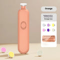 Lightweight maternal and child nail trimmer with orange unit, grinding heads, and storage box on white background