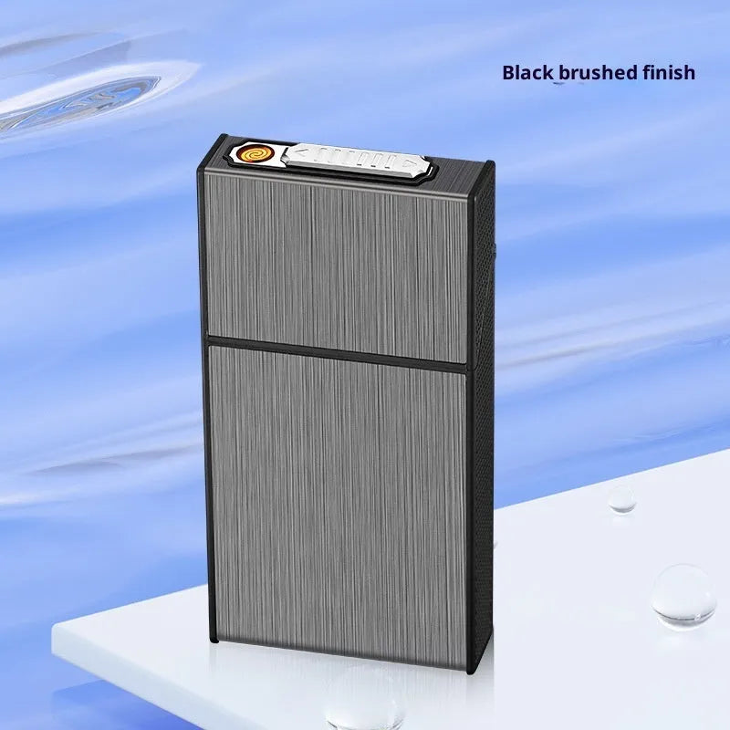 USB rechargeable aluminium cigarette case in black brushed finish with modern simplicity design