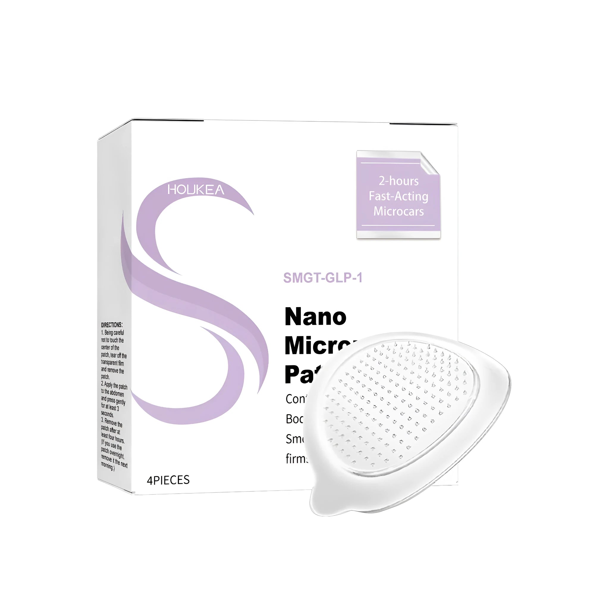 A pack of four transparent nano microneedle skincare patches on a backing card.