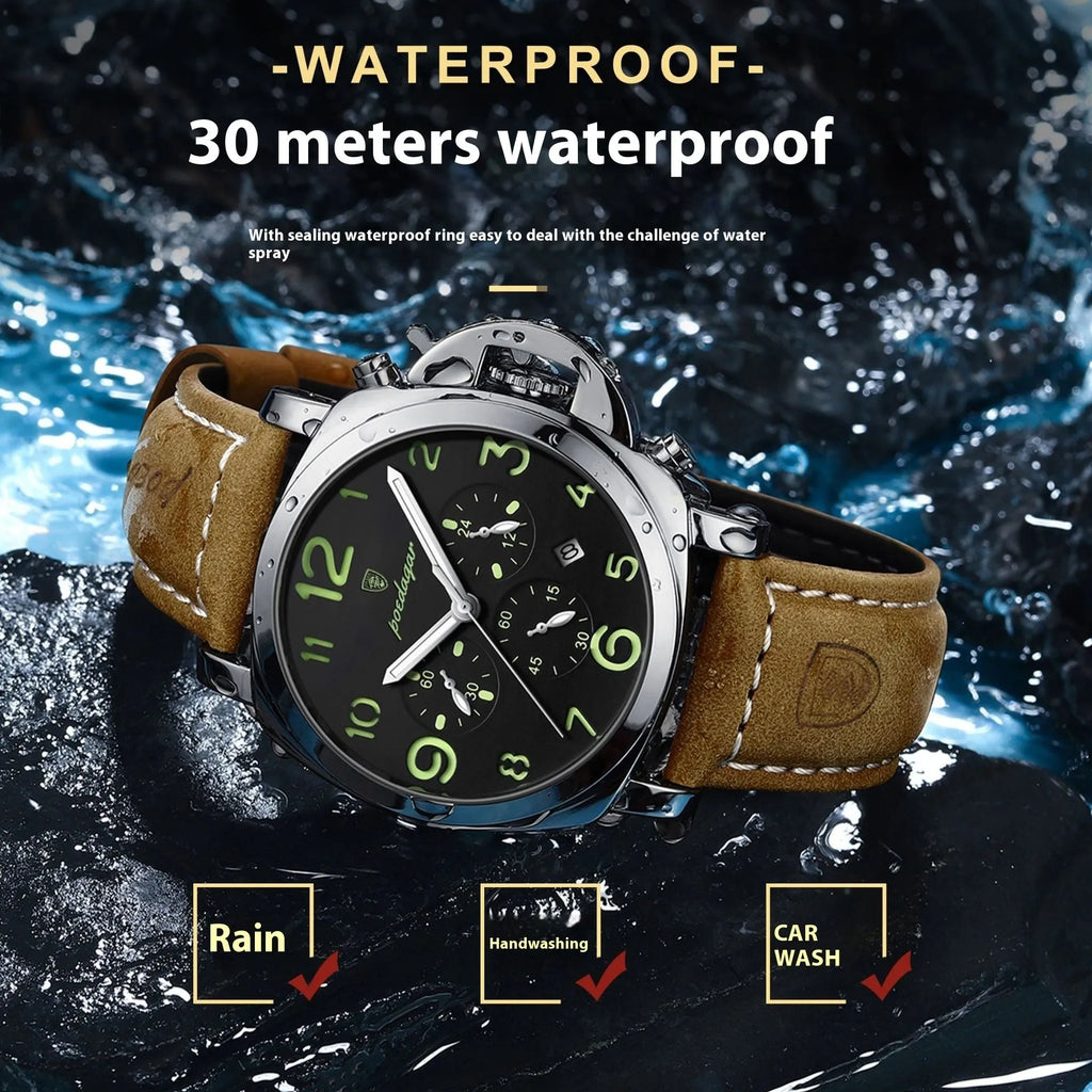 Men's casual sports watch with round dial, real leather strap, and mineral glass in silver case black dial style