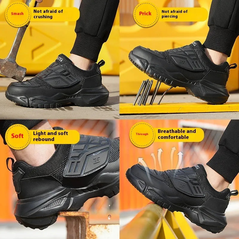 Black steel toe cap safety shoes with mesh fabric upper and felt buckle closure