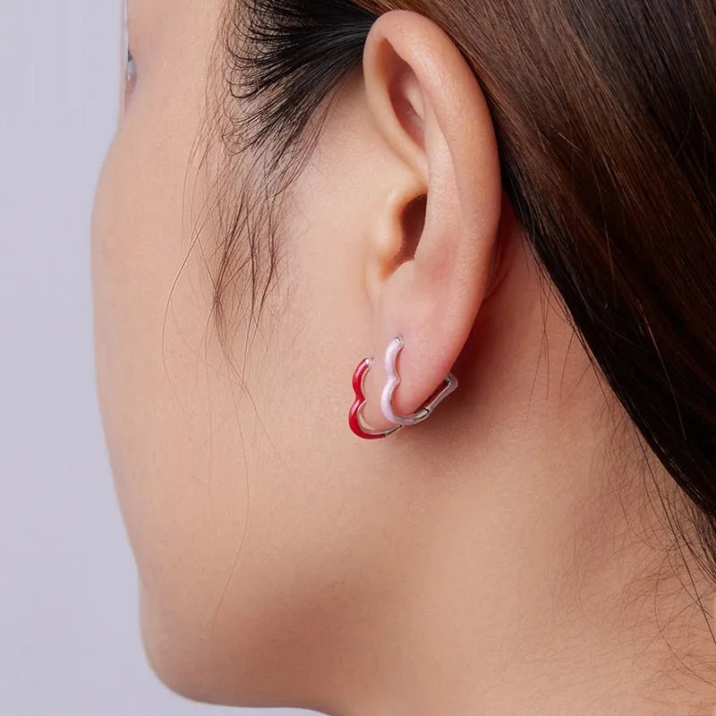 925 silver love heart earrings for women dripping oil finish pink red heart shape ear studs
