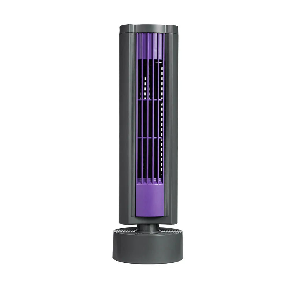 Milky white leafless desktop fan with brushless motor, auto-shake head, and USB power on a desk