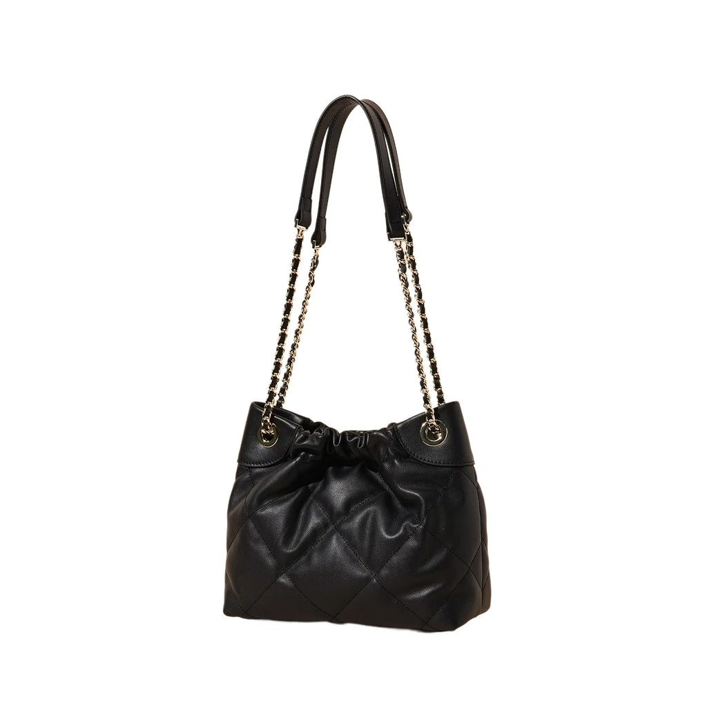 Black genuine leather bucket bag for women with single shoulder strap urban simplicity style