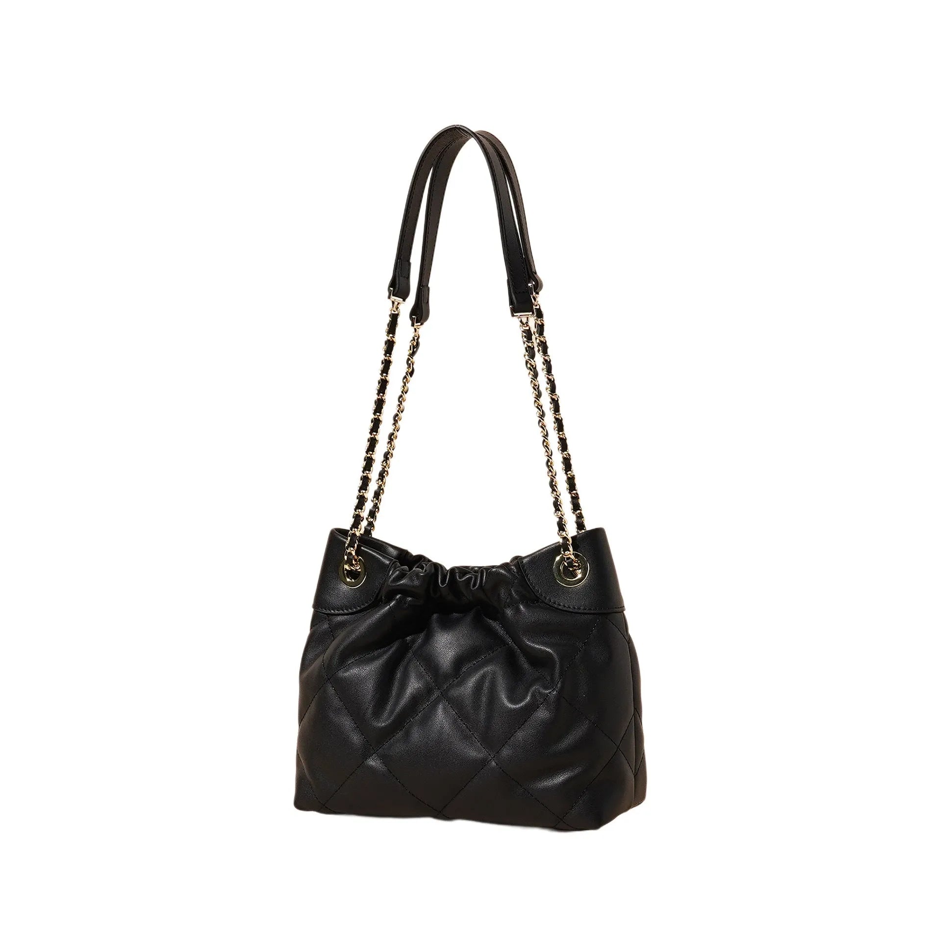 Black genuine leather bucket bag for women with single shoulder strap urban simplicity style