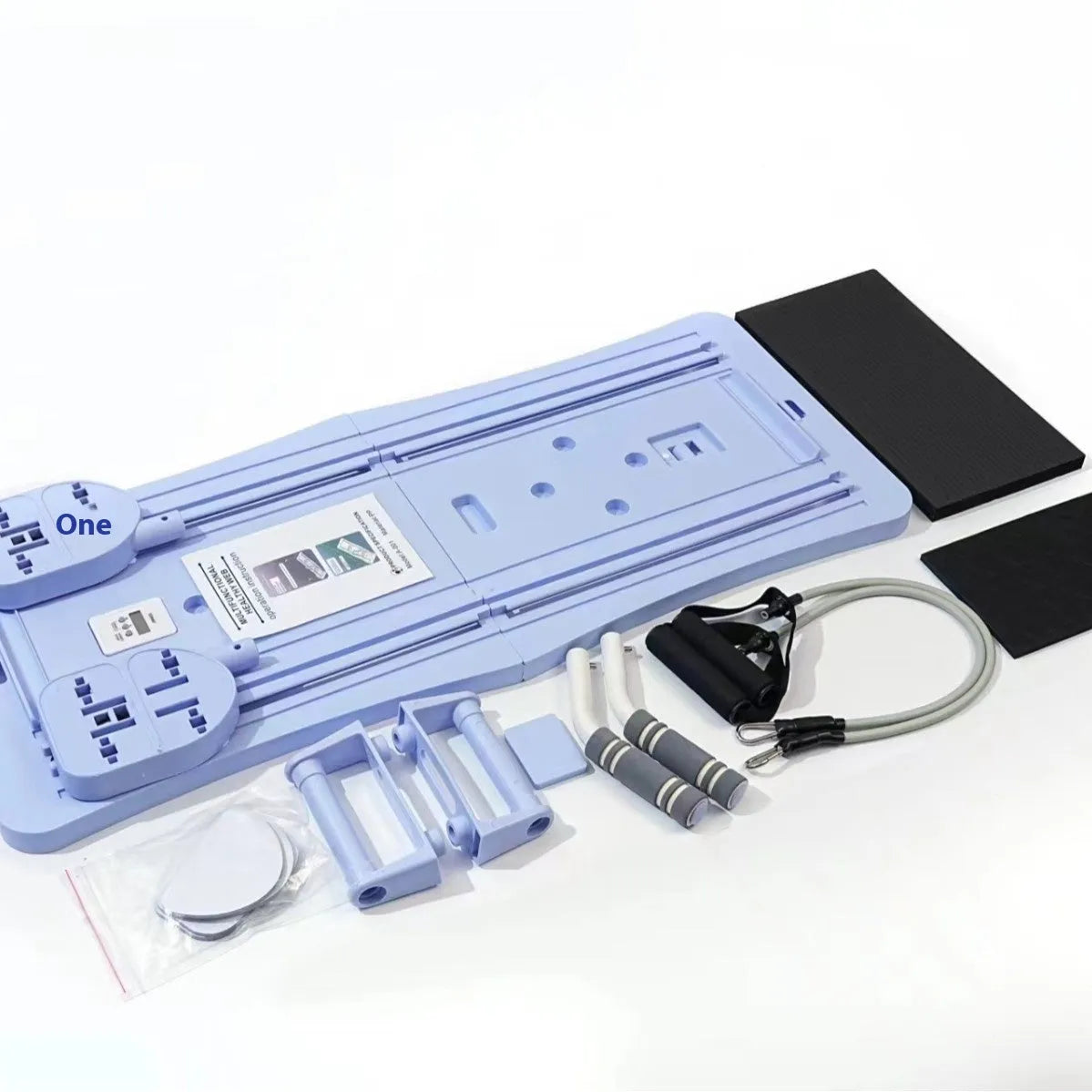 Purple portable foldable PP fitness board for abdominal exercises on a wooden floor.