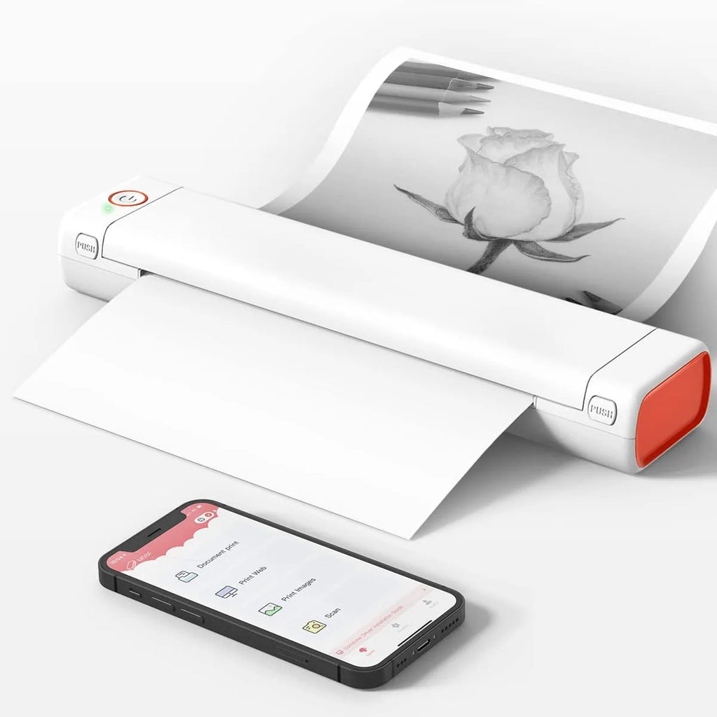 Phomemo M08F white portable A4 thermal printer on a desk next to a mobile phone.