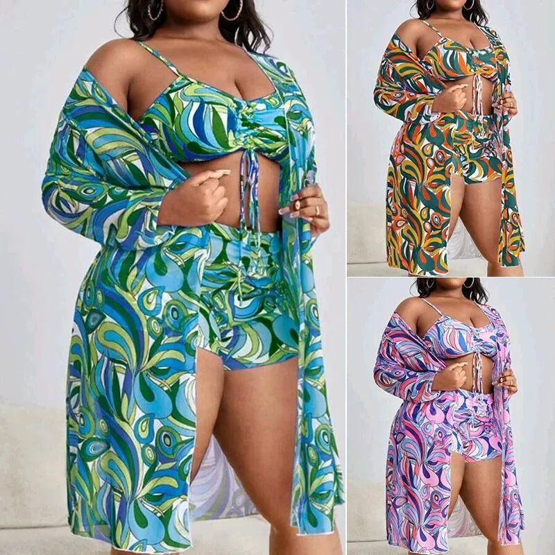 Women's floral print three-piece bikini set with cardigan on a mannequin.