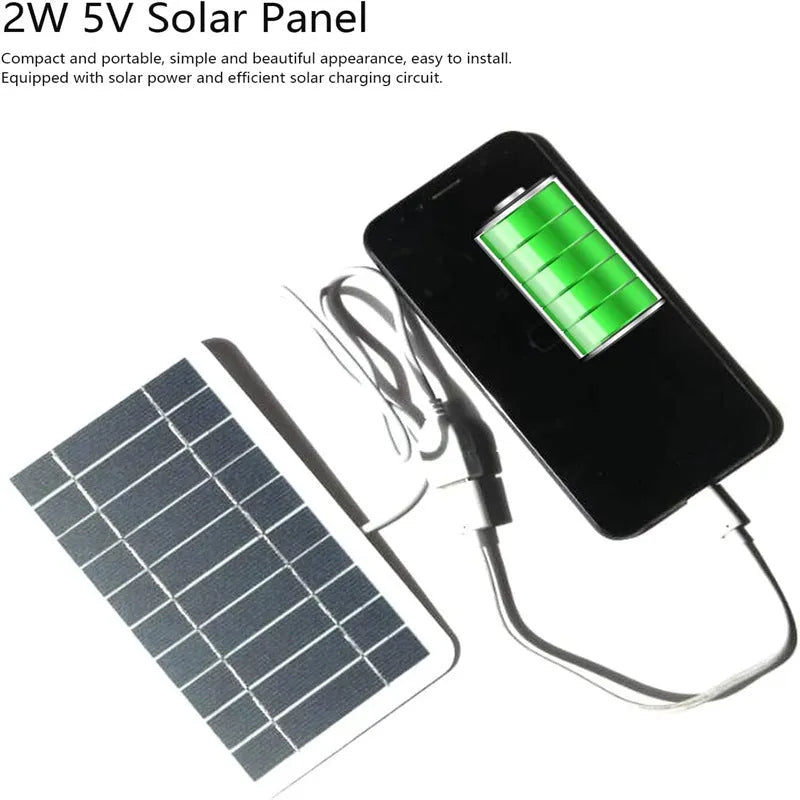 Portable 2W solar panel charger measuring 157x94mm with USB cable