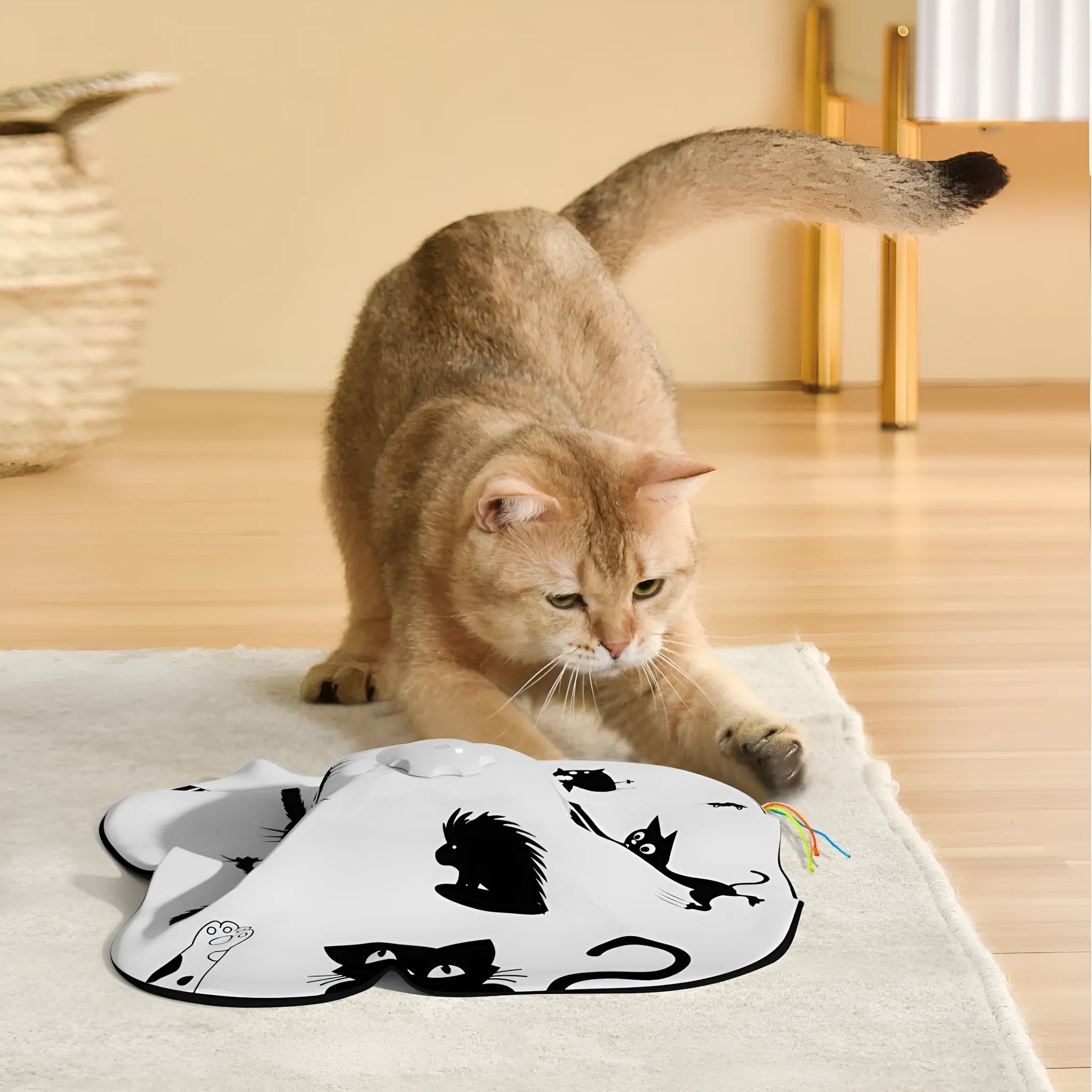 Plastic cat toy with self-hi relief mechanism measuring 19.8 x 11.5 x 19.5cm