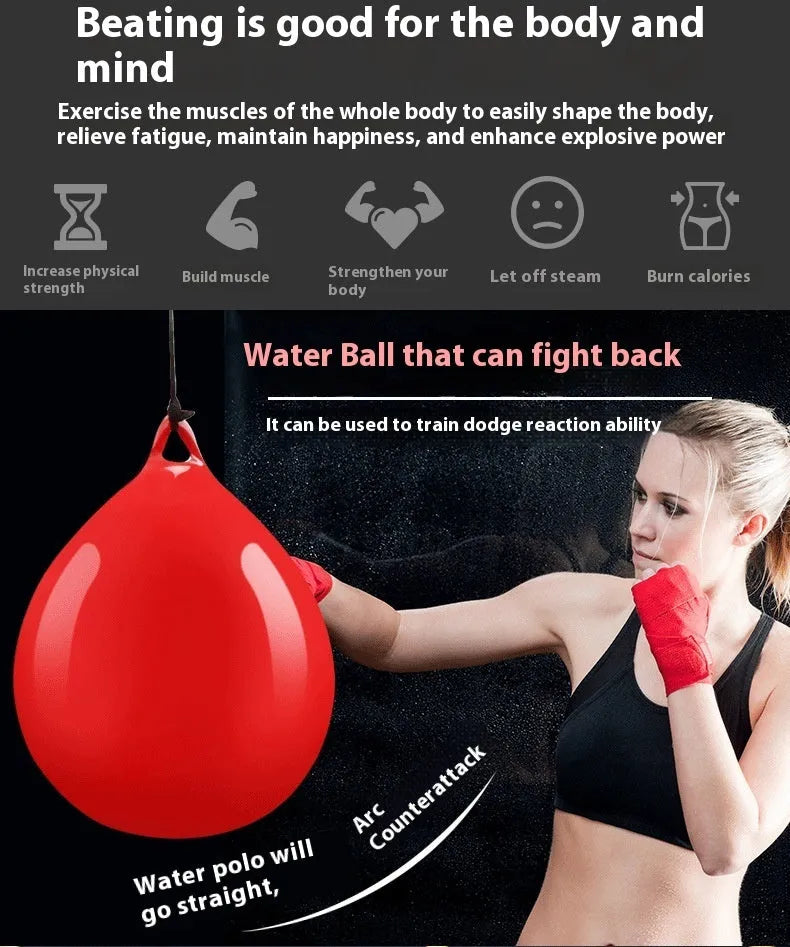 Red water filled PVC boxing reaction ball with hook rope attachment for martial arts training