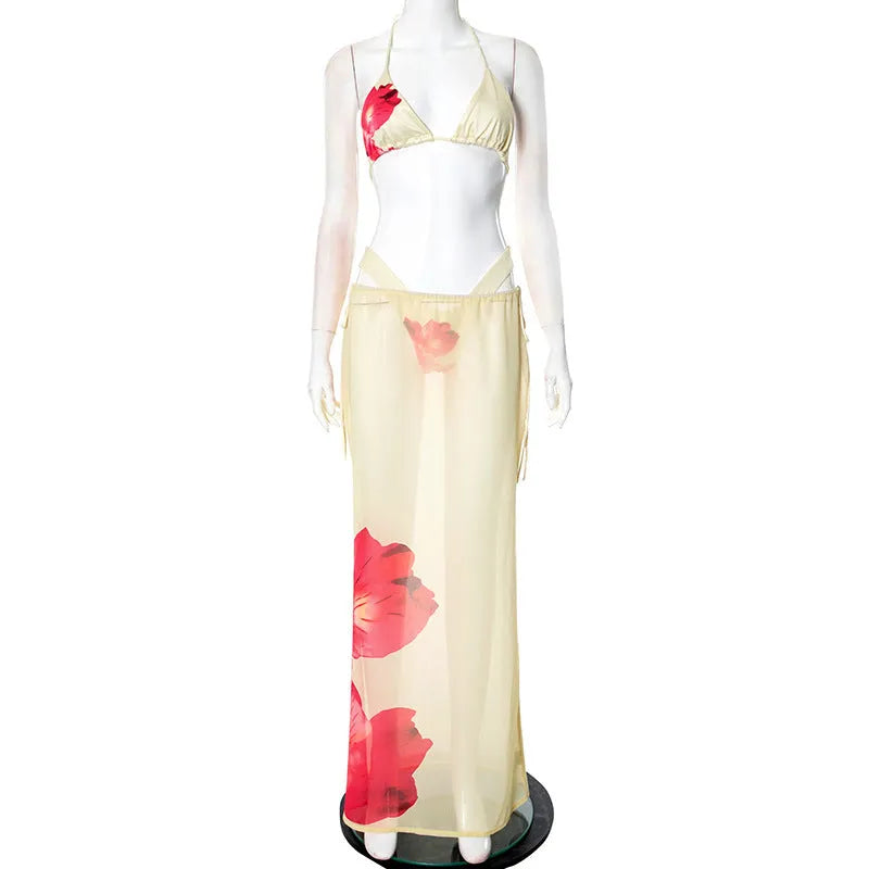 Women's summer three-piece bikini set with long lace-up skirt, sleeveless polyester, yellow or blue, sizes S M L.