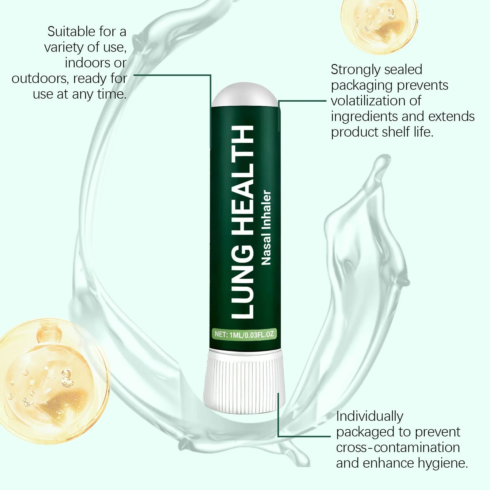 Lung health care inhaler with 1ml capacity, menthol and aloe leaves active ingredients, portable design