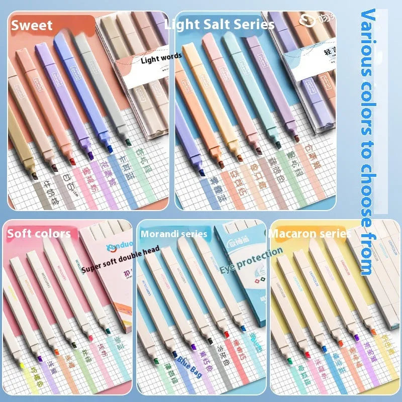 Set of double-headed fluorescent marker pens showing two coloured tips, available in mix colours or themed series packs.