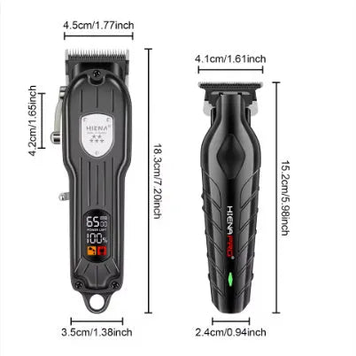 Black professional hair clipper set with USB charging port and LED display showing battery status