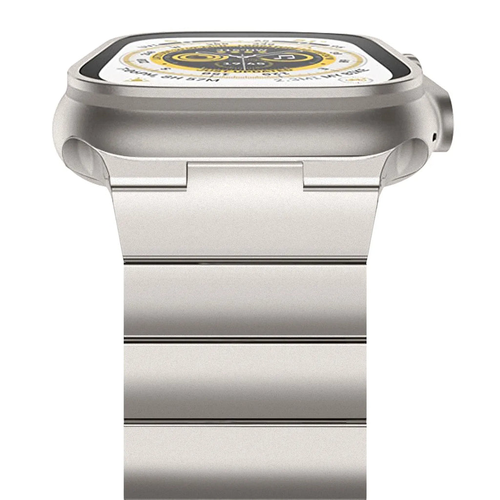 Stainless steel metal watch band for iWatch 38mm to 49mm in silver finish on table