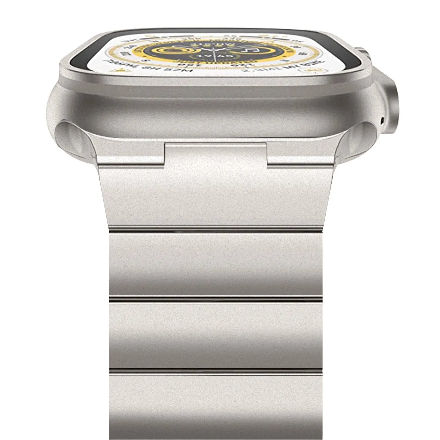 Stainless steel metal watch band for iWatch 38mm to 49mm in silver finish on table