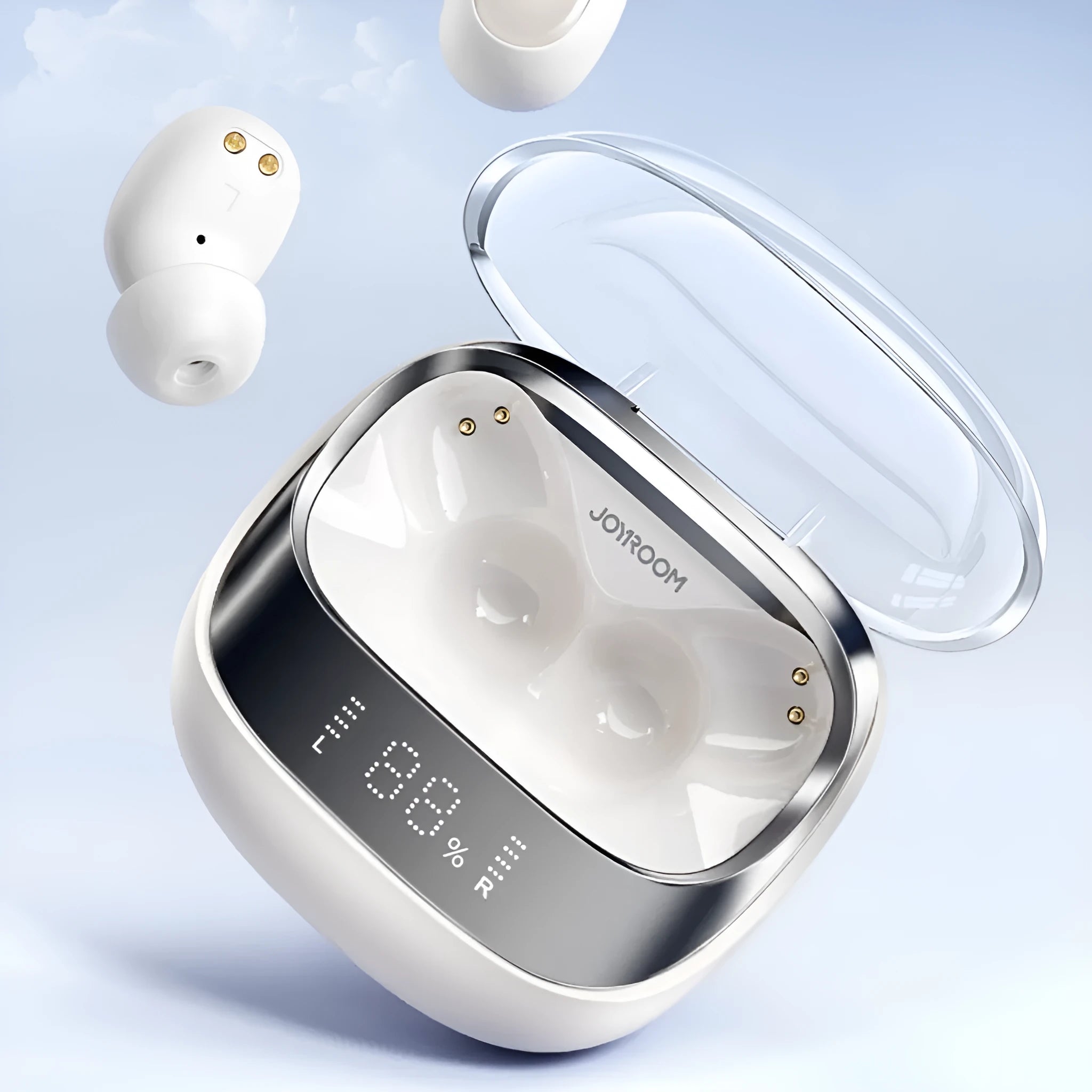 Dawn White wireless Bluetooth earbuds with charging case on a grey background.