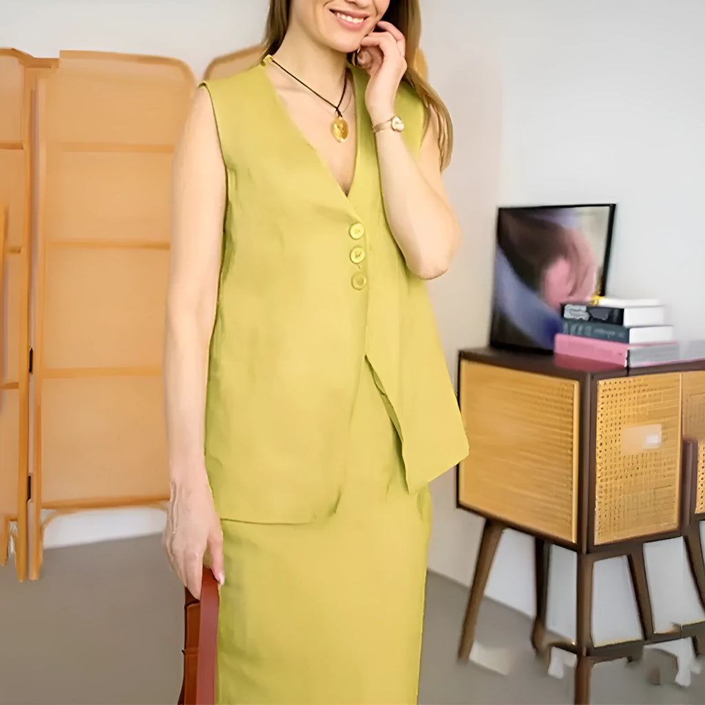 Blue casual sleeveless vest and long skirt two-piece set on a hanger.