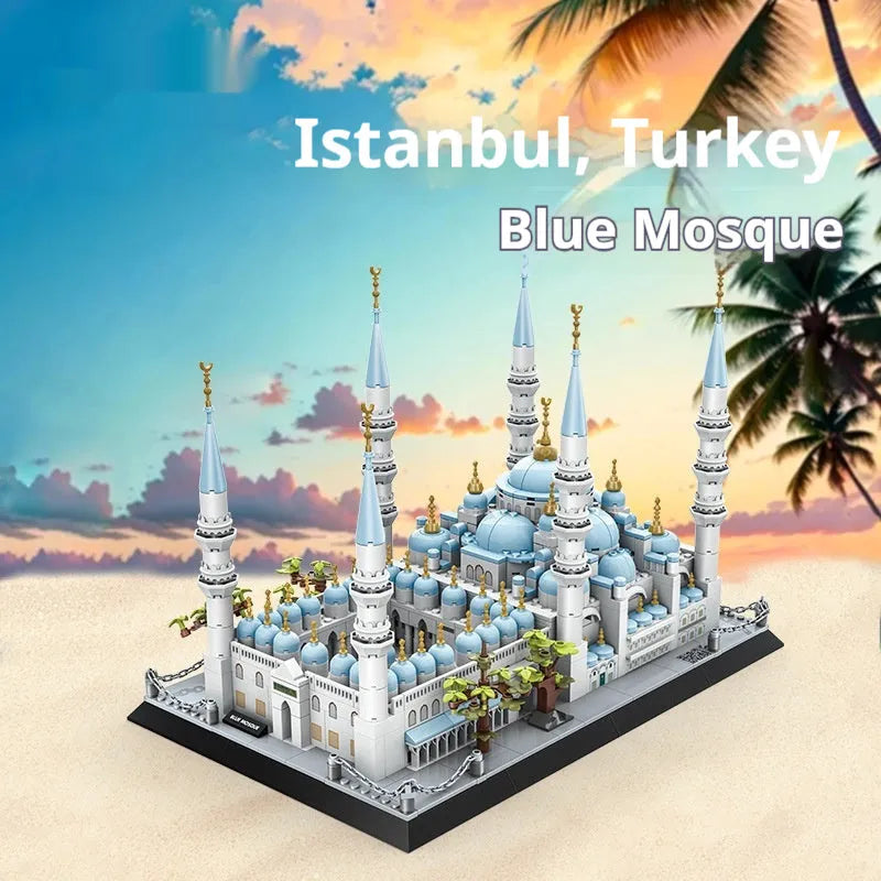 Plastic building blocks set forming a mosque model with minarets and domes, 1129-1463 pieces for teenagers
