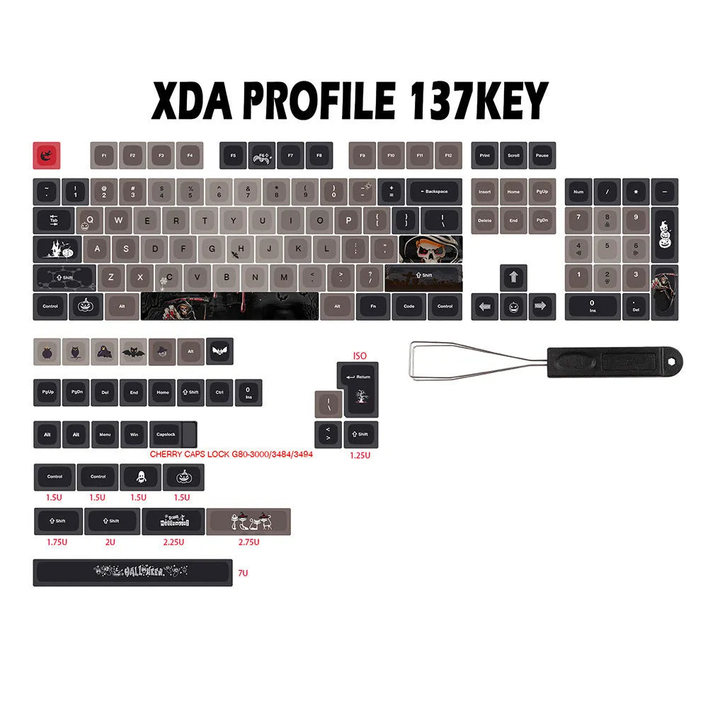 Five-sided sublimation PBT key cap set with Halloween theme in US layout showing 137 keys