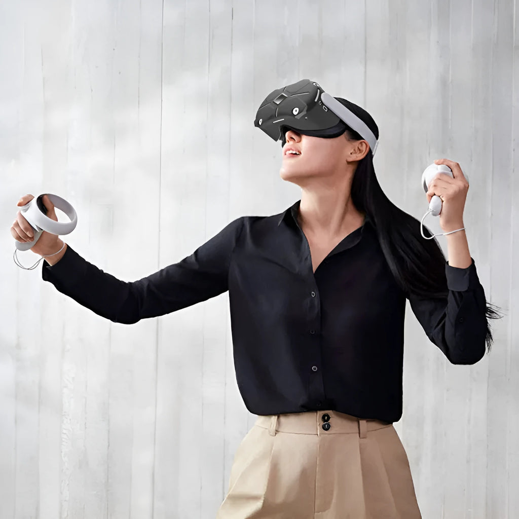 Black silicone VR headset accessories kit with glasses cover, eye mask, and controller grips.