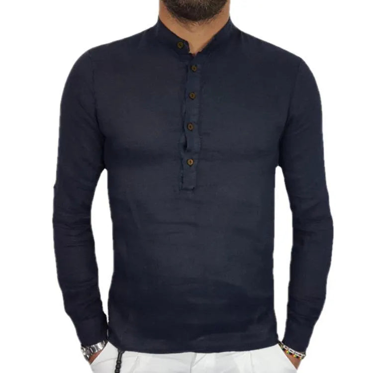 Men's loose fit casual long sleeve shirt in black and beige, hemp cotton blend, sizes S-4XL