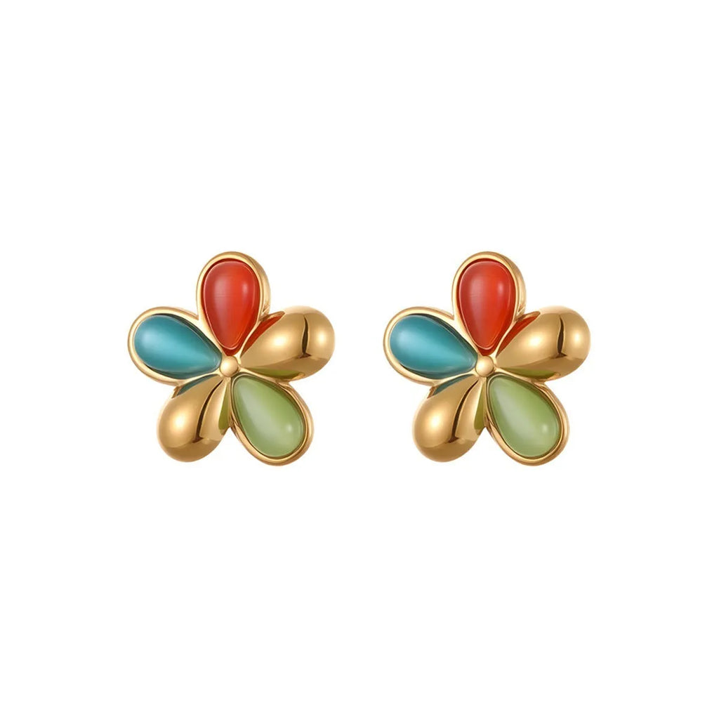 Colourful opal flower stainless steel stud earrings with 18K gold electroplated finish, pair of two earrings.