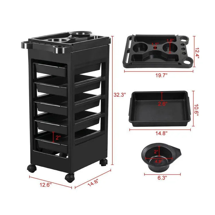 Black plastic 6-layer hair salon tool car trolley with multi-purpose storage