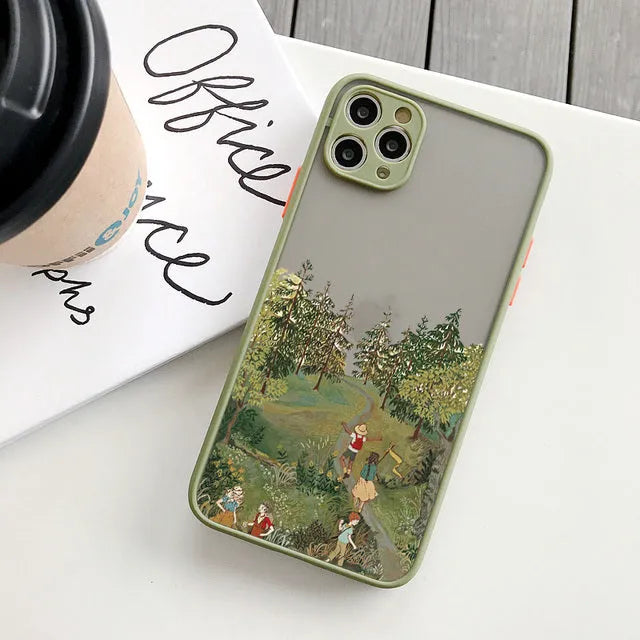 Vintage cartoon scenery girl phone case displayed on iPhone showing Japanese and South Korean inspired print