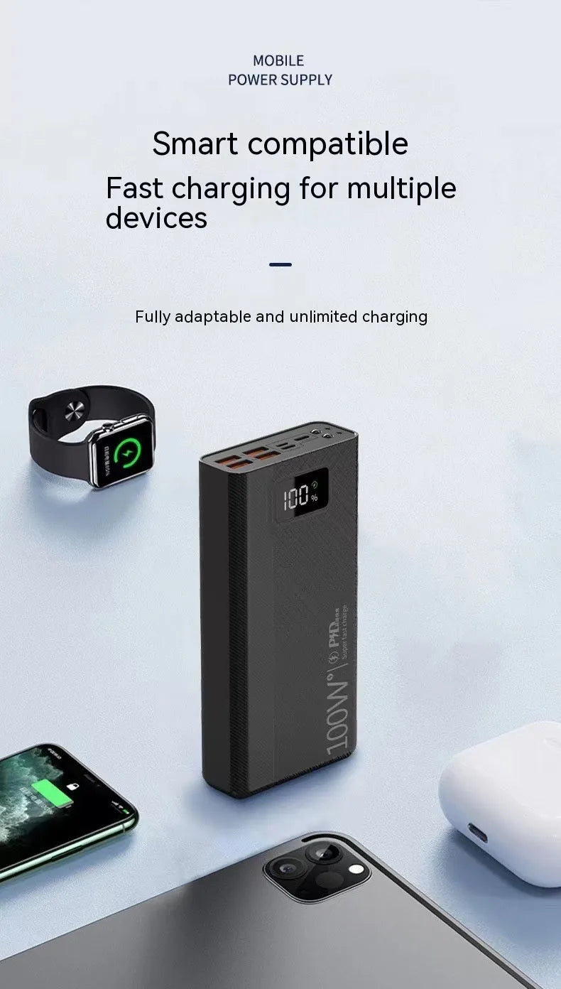 Black and white large capacity power bank showing front view with dimensions 150mm by 76mm