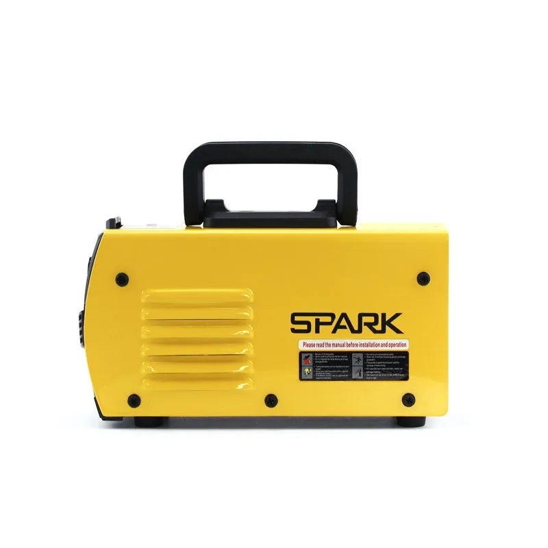 MMA-200MIN 220V inverter DC welding machine with welding tongs, clamps, and face shield on a workbench.