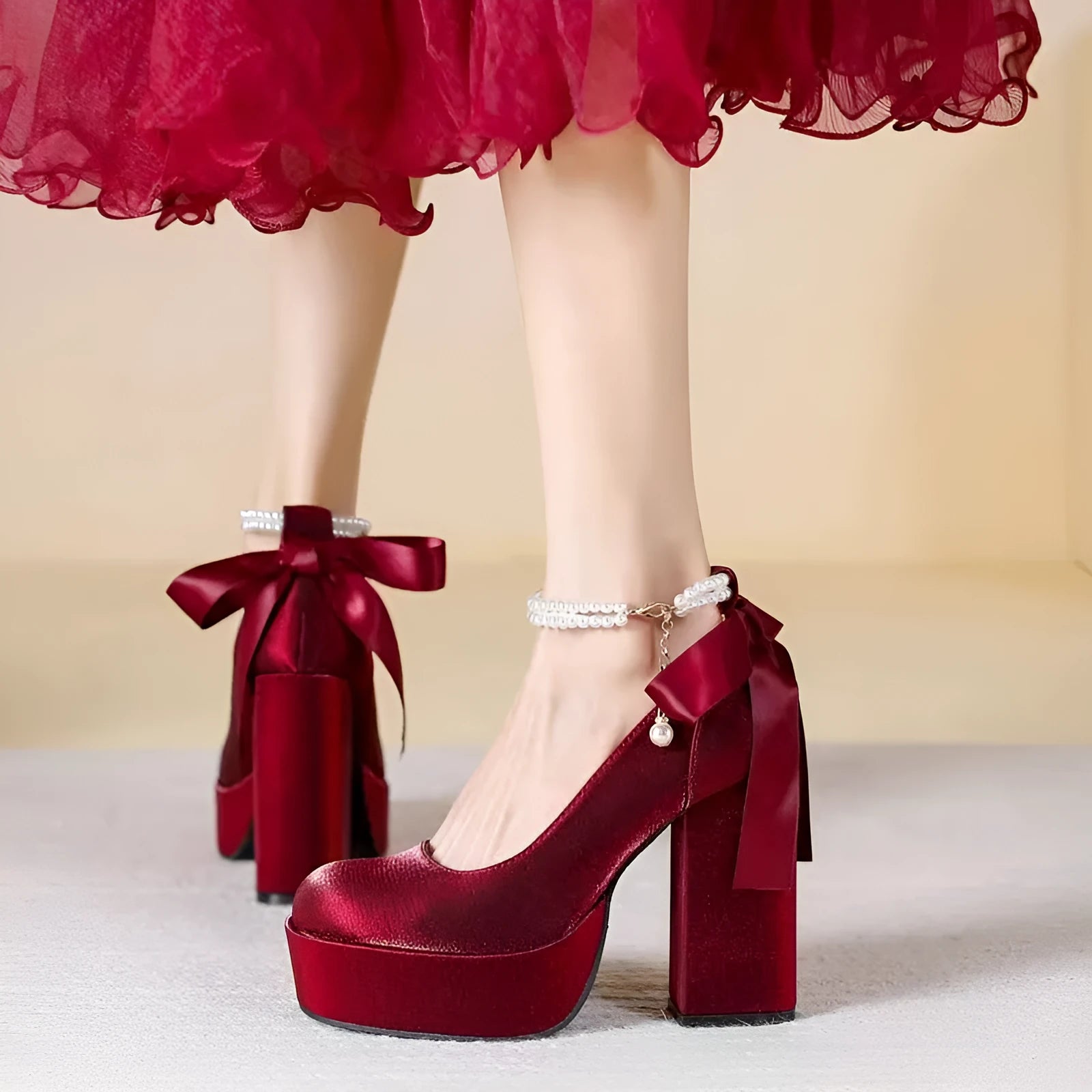 Women's waterproof platform wedding shoes with thick chunky heel in wine red colour with silk buckle detail