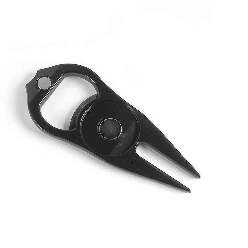 Zinc alloy golf ball yoke bottle opener tool with 88x35mm dimensions in black, green or silver colours