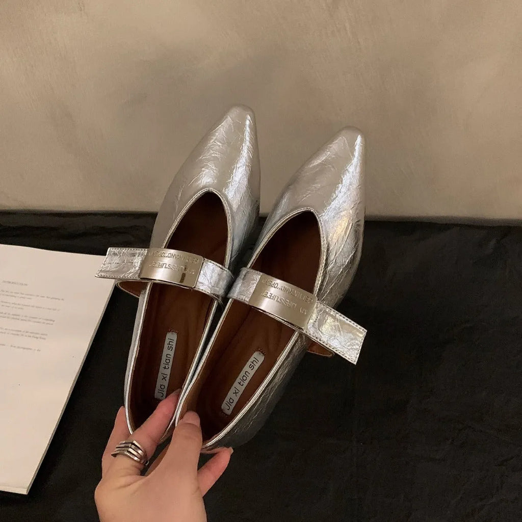 Women's silver finish pointed toe Mary Jane shoes with buckle fastening and low flat heel