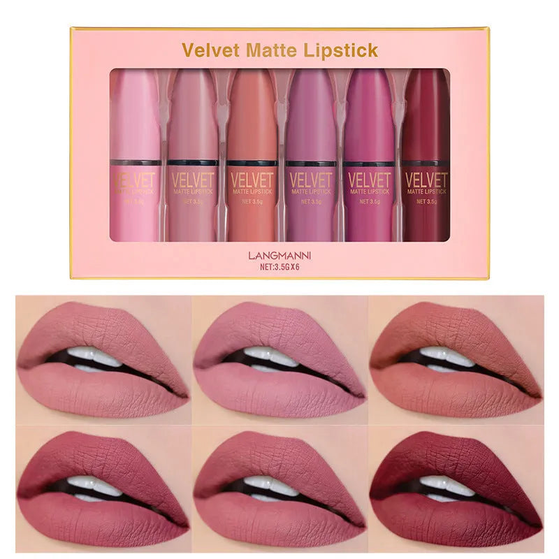 Bullet matte lipstick set 6-piece waterproof non-stick cup wax-based formula in L2198 colours in compact pack