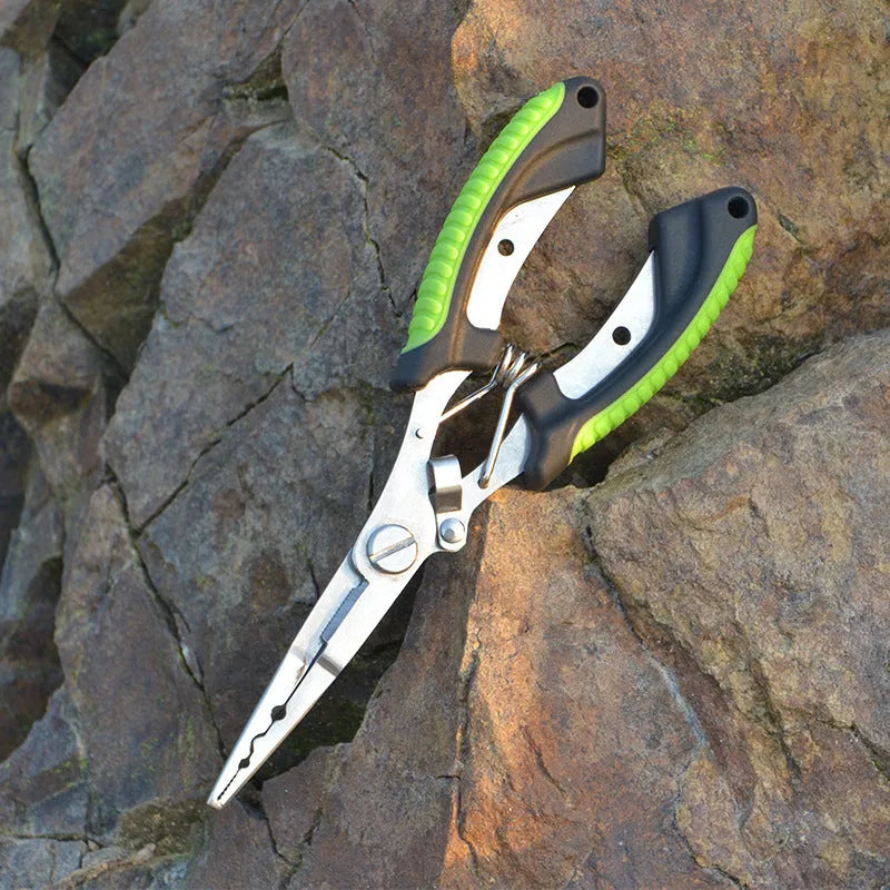 Medium stainless steel fishing pliers with a blue plastic handle, shown with a nylon carry bag and strap.