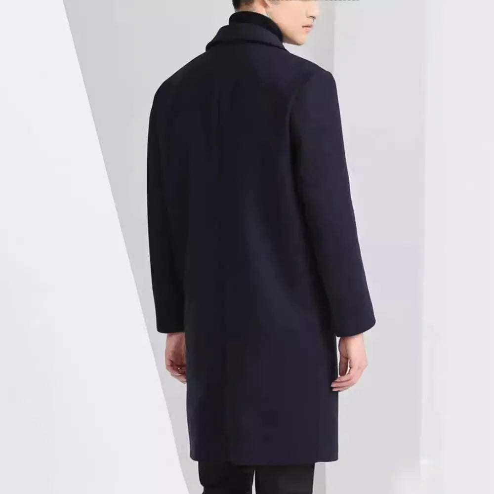 Men's slim-fit Korean-style mid-length wool coat in black, grey, navy blue, and wine red solid colours with side seam pockets