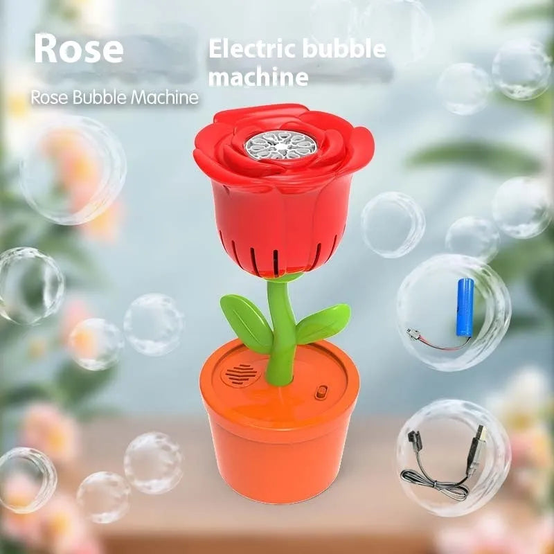 Automatic plastic bubble machine in red rose design for children aged 7-14, 19x13x28.5cm