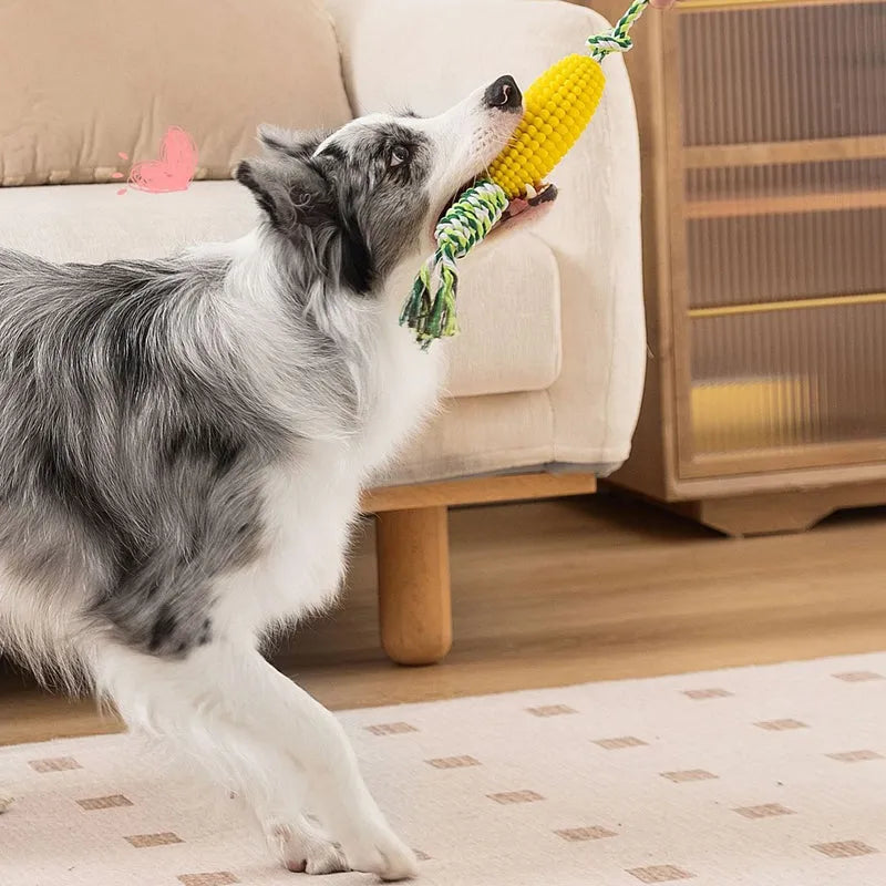 Corn-shaped dog chew toys in yellow and green with rope knots and a yellow ball for small to medium dogs