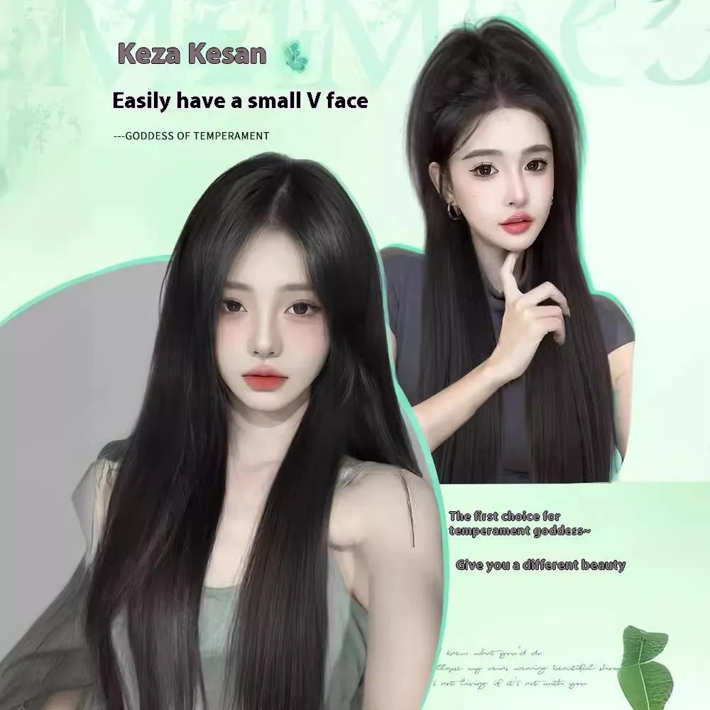 Women's full-head fluffy wig with forehead lace in brown black high temperature fibre.