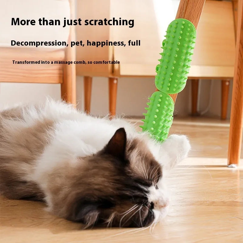 Silicone cat grooming comb with rounded teeth and adjustable strap for table mounting