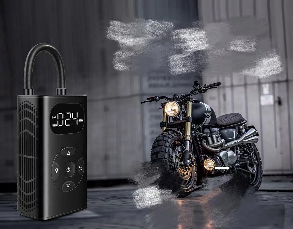 Black aviation aluminium USB rechargeable tyre inflator with digital display and flexible hose.