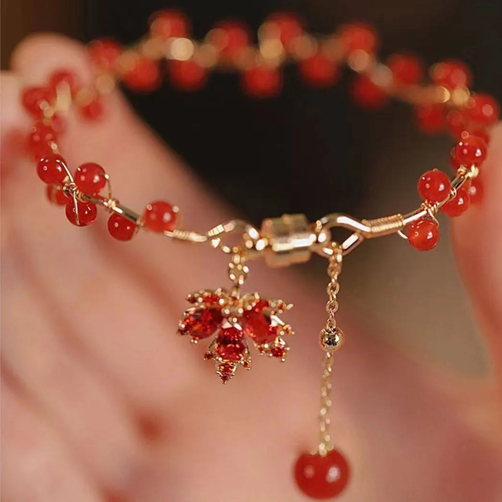 Red ginkgo leaf magnetic bracelet with electroplated alloy finish and adjustable clasp