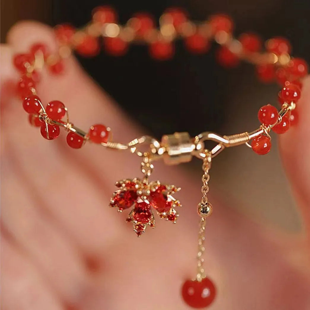 Red ginkgo leaf magnetic bracelet with electroplated alloy finish and adjustable clasp