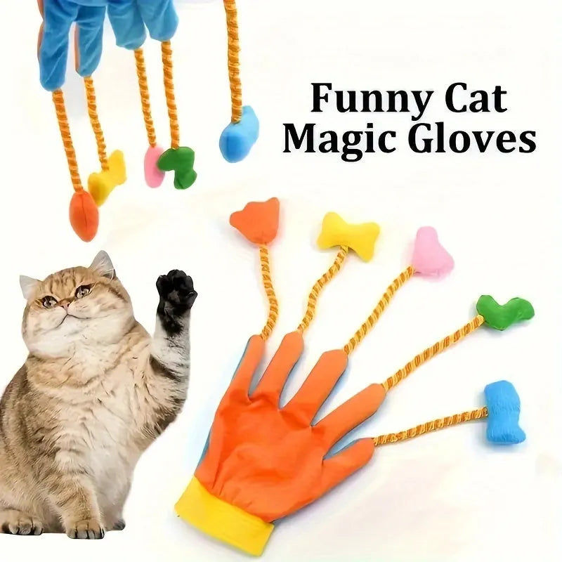 Yellow and blue plush magic glove cat toy with bell, shown with dimensions 40cm by 11cm.